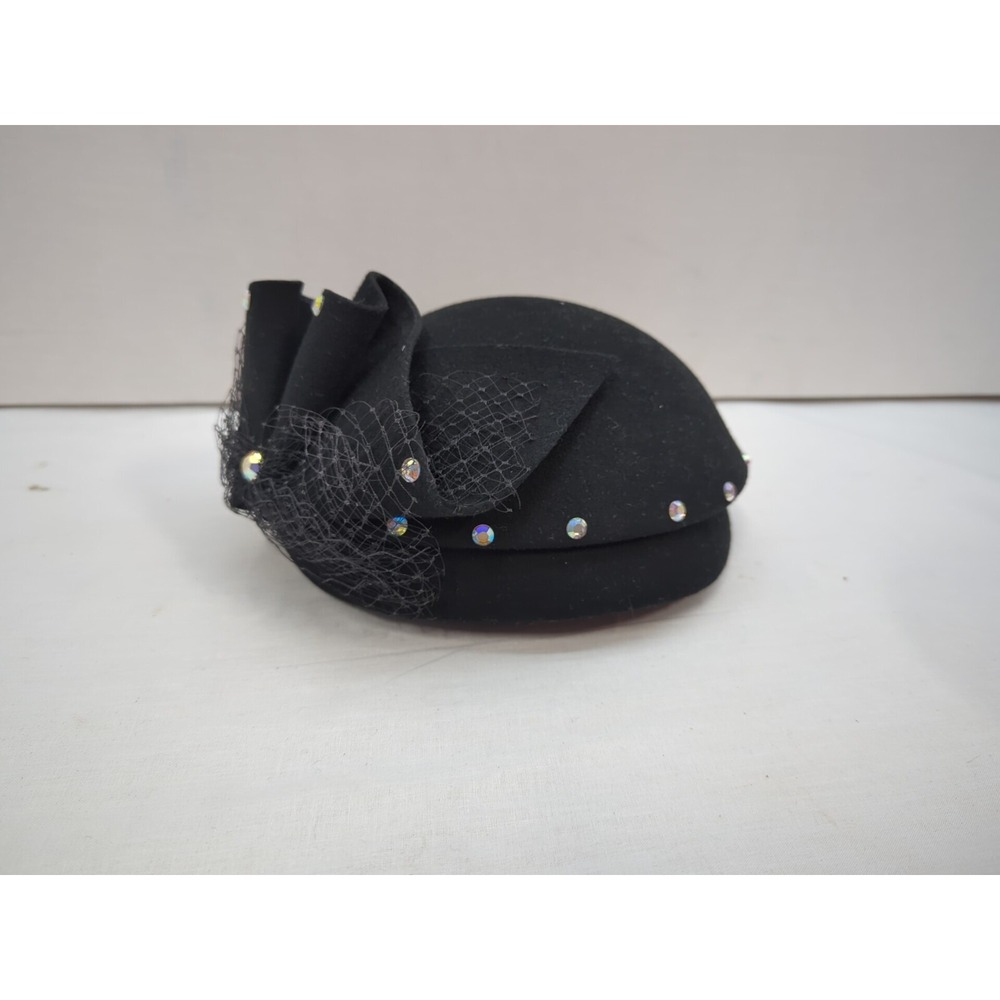 Vintage Bollman Black Doeskin Felt Wool Pillbox Hat Bow Veil Rhinestone Goth